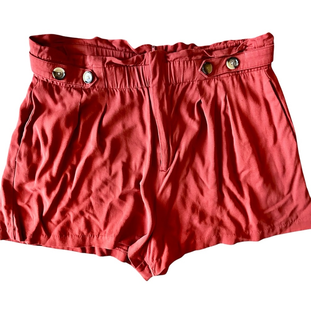 Red High-Waisted Shorts with Button Detail